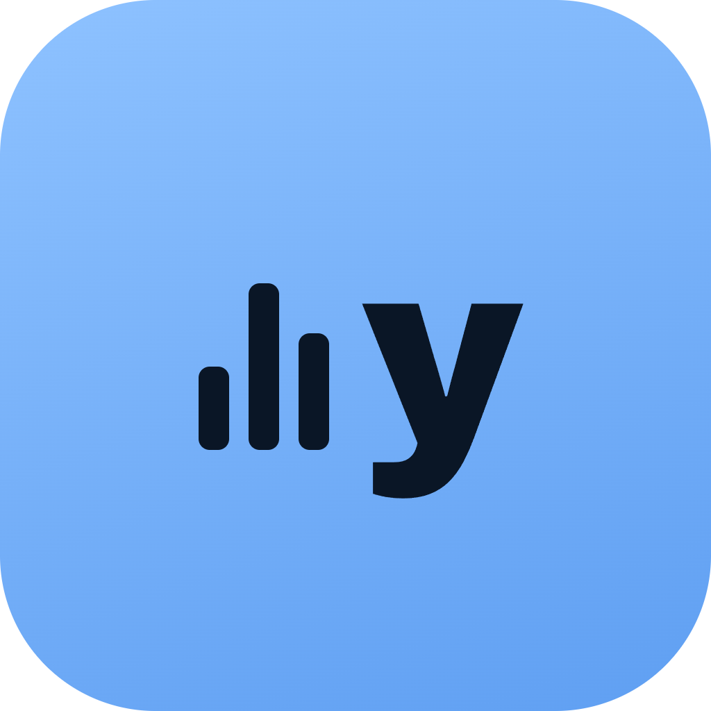 The yStream app icon: level bars and a lowercase y in near-black on a blue gradient tile.