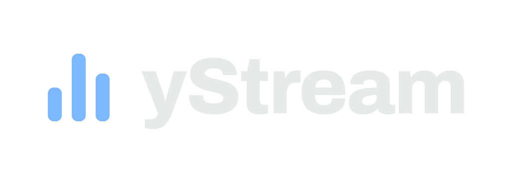 yStream logo lockup: three ascending level bars in signal blue beside the yStream wordmark in off-white.